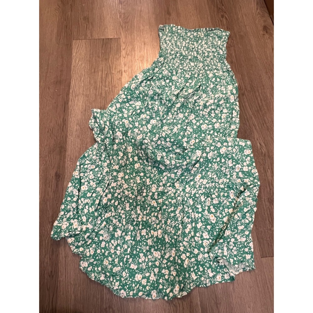 Zesica Green Floral Smocked Strapless Maxi Dress Small Boho Tiered Summer Dress